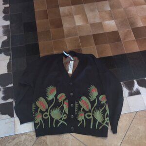 Dangerfield Black Cardigan with Green and Red Plant Design